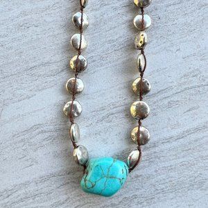 Lucky Brand boho necklace Turquoise bead with silver tone beads on knotted cord